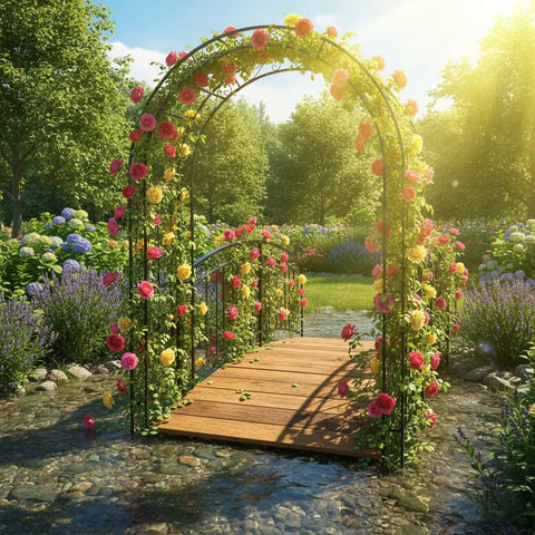 Built Tough 7Ft Steel Garden Arbor With Side Trellis Rust Resistant Powder Coated Archway For Backyard Weddings And Outdoor Decor Includes Ground Stakes Easy Assembly in vibrant garden setting with flowers.