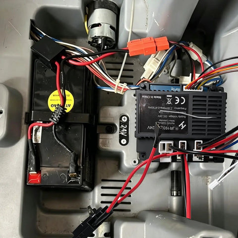 24V JR1932RX Remote Control Box for Power Wheels Ride On Toys High Power Receiver, wiring and battery setup visible