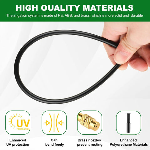 Hand holding 1/4 inch tubing from All In One Drip Irrigation Kit With 100 Foot One Quarter Inch Tubing And 30 Brass Nozzles, UV resistant
