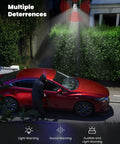 Outdoor 2K Wireless Security Camera With Solar Power, spotlight illuminating a person by a car at night, multiple deterrents active