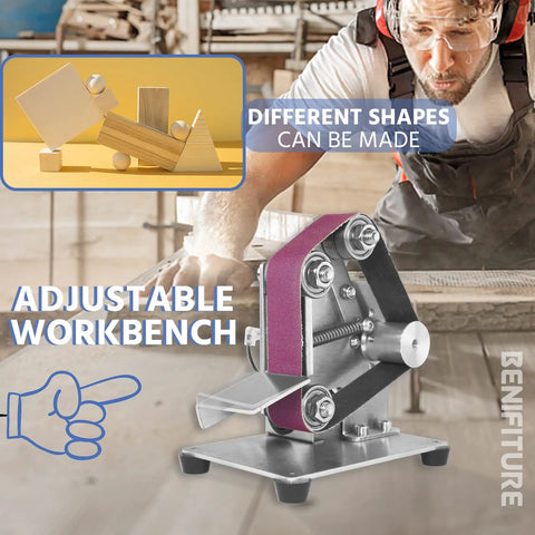 Mini Belt Sander Kit With 15 Abrasive Belts, 7 Speed Adjustable Edge Sharpening Tool in workshop setting with adjustable workbench
