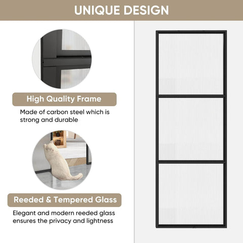 Two In One Double Barn Door Set 60 Inch By 84 Inch With 10 Ft Hardware Kit And Soft Close Reeded Glass Carbon Steel Frame
