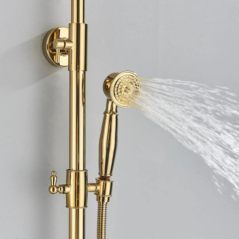 Gold Finish Rain Shower System Set With 8 Inch Rainfall Head And Handheld Spray Wall Mount Dual Function Faucet