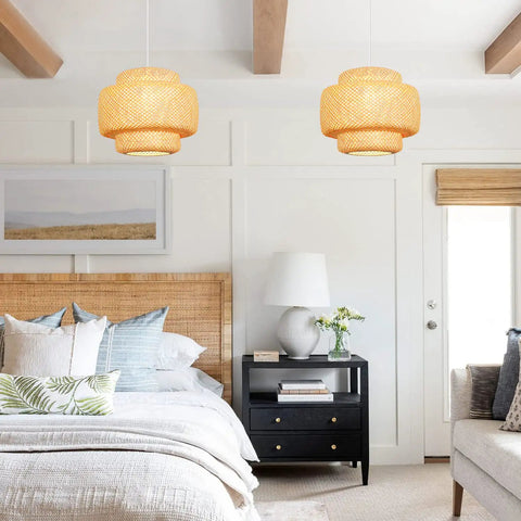 Hand-Woven Bamboo Pendant Light With Natural Rattan Shade, 16 Inch Farmhouse Style Chandelier, Adjustable Hanging Fixture For Kitchen Island, Cozy Vibe For Living Room And Dining Room, E26 Base Compatible