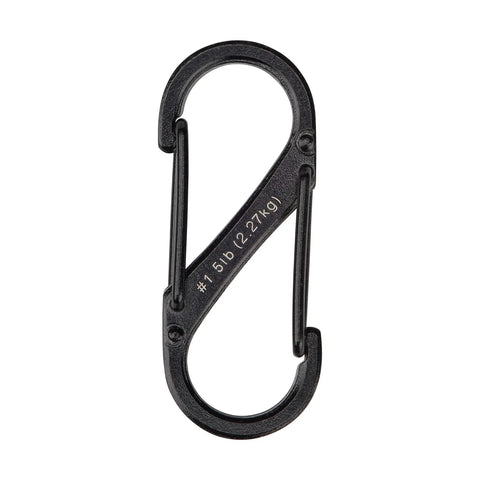 Dual Gate Stainless Steel S Biner Carabiner Set For Keys And Gear Clips To Your Backpack Belt Loop Or Pocket Heavy Duty Black Finish Size One Includes Two Carabiners in black, size #1 shown, weight rating etched on bar.