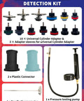 Pro Grade 18 Piece Radiator Coolant Pressure Tester Kit with 10 cylinder adapters, 2 plastic connectors, and pressure gauge pump.