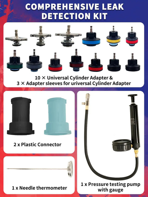 Pro Grade 18 Piece Radiator Coolant Pressure Tester Kit with 10 cylinder adapters, 2 plastic connectors, and pressure gauge pump.