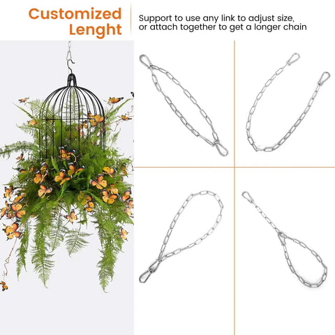 One Eighth Inch Stainless Steel Gate Chain Lock For Outdoor Fences Adjustable 28 Inch Gate Link Chain With One Fifth Inch Carabiners Built For Heavy Duty Use Tough As Nails Yard Gates Pet Cages Garden Doors Silver shown with greenery.