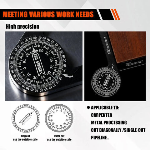 Seven Inch Aluminum Miter Saw Protractor With Sick Accuracy And Bonus Adjustment Wrench showing precision scales for accurate angles.