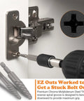 6 Piece Screw And Bolt Extractor Set For Removing Broken Bolts And Stripped Screws Quickly And Easily, installed on hinge