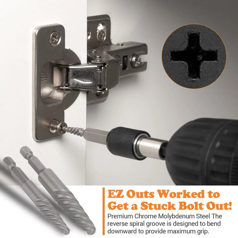 6 Piece Screw And Bolt Extractor Set For Removing Broken Bolts And Stripped Screws Quickly And Easily, installed on hinge