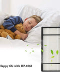 Child sleeping with teddy bear beside air purifier filter with green leaves and text "Happy life with HPA060"
