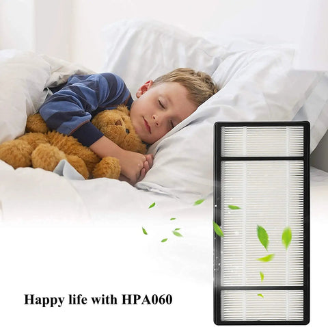 Child sleeping with teddy bear beside air purifier filter with green leaves and text "Happy life with HPA060"