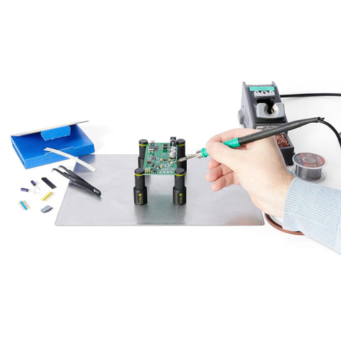 Hands Free Probing Kit With Four SQ10 Probes And Test Wires For Your Electronics Workbench in use for circuit debugging.