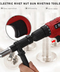 Electric Rivet Nut Gun Kit with Cordless Drill Attachment showing non-slip handle and metal rivet placement.