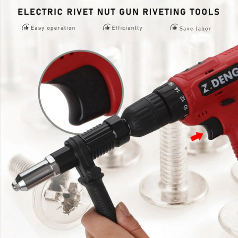 Electric Rivet Nut Gun Kit with Cordless Drill Attachment showing non-slip handle and metal rivet placement.