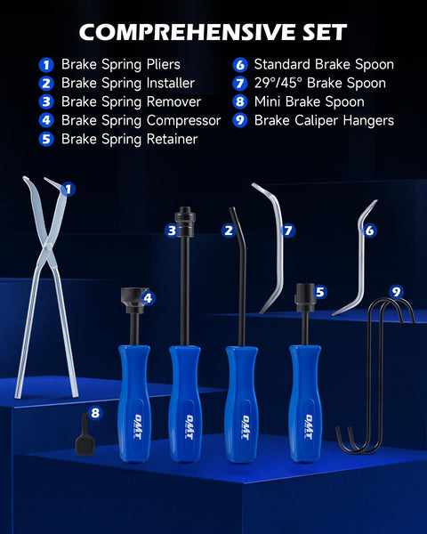 32 Piece Dual Brake Tool Set For Disc And Drum Brakes with caliper and drum tools, showing brake spring pliers and tools
