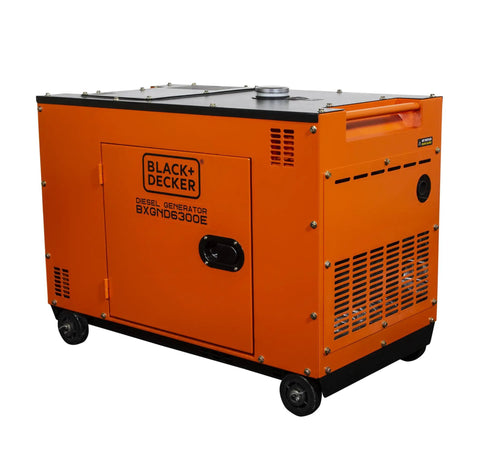 Black Heavy Duty 6300 Watt Diesel Generator Beast With Electric Start And Oil Shutoff side view with rolling wheels.