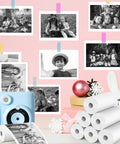 12 Roll Refill Paper Set for Kid Friendly Instant Cameras, Premium Thermal Paper for HD Photo Prints, Easy Refill, Long Lasting Fun, Fits Most Kid Instant Cameras, White, 12-roll white thermal paper set with printed kids photos and camera