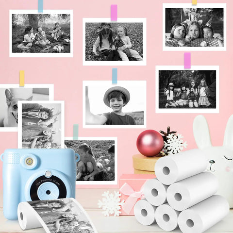 12 Roll Refill Paper Set for Kid Friendly Instant Cameras, Premium Thermal Paper for HD Photo Prints, Easy Refill, Long Lasting Fun, Fits Most Kid Instant Cameras, White, 12-roll white thermal paper set with printed kids photos and camera