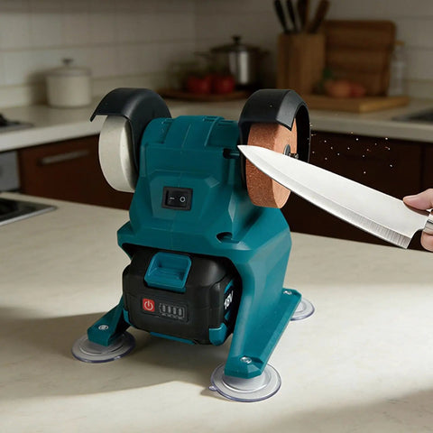 Dude, this YDuupxe Mini Bench Grinder is totally sick for your workshop with dual wheels sharpening a knife.