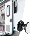 Heavy Duty Magnetic RV Door Holder for Camper and Trailer installation view, showing door held open with stopper, adhesives, screws.