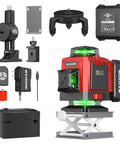 360 Degree Green Laser Level With Self Leveling Auto Gravity, Four 360 Degree Cross Line Surfaces, Indoor Range Seven To Ten Meters, Plus Or Minus Two Millimeters Accuracy, Handy Measuring Tool For Home Renovations And Decorating with bracket, battery, charger and case