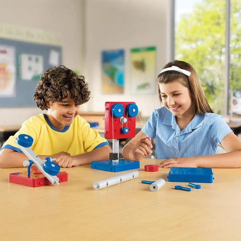 Hands On Simple Machines STEM Kit For Kids And Classrooms With Pulleys And Gears Engineering Building Sets Real Working Models 63 Durable Pieces Explore Physics Concepts And Build Problem Solving Skills kids building pulleys and gears at classroom table