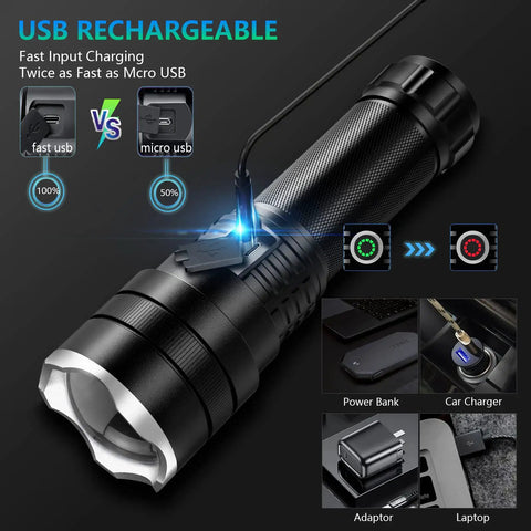 Ultra Bright Black Flashlight For Home, Outdoors And Emergency Use, USB rechargeable with charging setup and icons