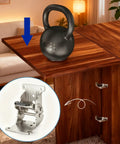 Premium Folding Brackets With Self Locking Hinges And Mounting Screws For Table Legs And Bed Frames on wooden table with kettlebell.