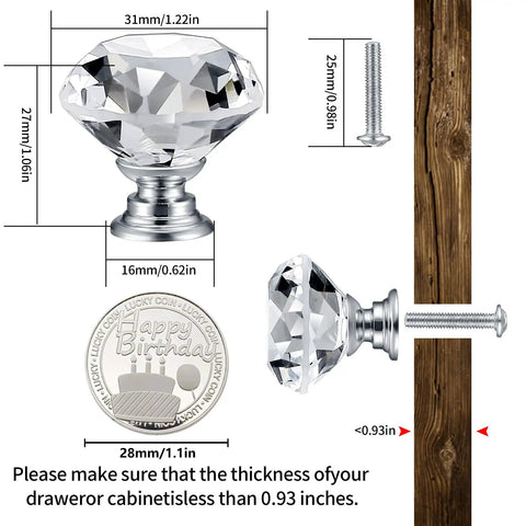 Crystal Cabinet Knob Set 8 Pack Diamond Glass Dresser Knobs For Cabinets And Drawers Premium Aluminum Alloy Hardware With Slick Diamond Shine Smooth Edges Durable Corrosion Resistant Easy Installation Modern Glam, 31mm knob