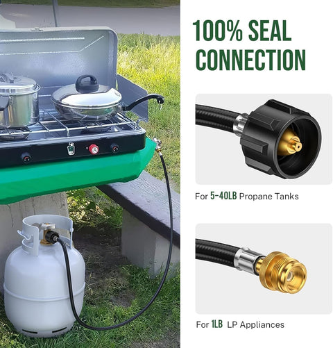 8 Foot Propane Hose Adapter 1Lb To 20Lb With QCC1 Type1 CGA600 Connection attached to propane tank and camp stove outdoors.