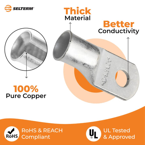 Heavy Duty Battery Lugs Kit With Tin Copper Ring Terminals showing thick material and 100% pure copper design