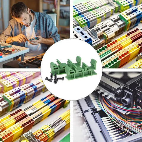 Green 20 Pack DIN Rail PCB Mount Bracket Clips for C45 Rail Fits 35mm and 15mm Wide Rails Easy Install and Detach Carrier Clips Panel Mount Ready System DIY Friendly shown in various setups, with focus on green clips and control system context.