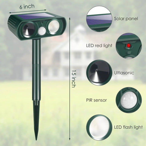 4 Pack Solar Powered Ultrasonic Animal Deterrents For Outdoor Gardens With Motion Sensor And Flash Light IP65 Waterproof Protects Against Cats Deer Squirrels Rabbits Foxes Raccoons Dogs, 15 inch stake