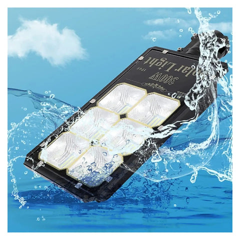 Top Tier Outdoor Solar Flood Light For Yard And Patio Security IP67 Waterproof showing water splashing around it.