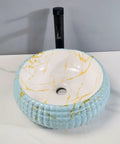 USZWBY Vessel Sinks Bathroom Vessel Sink Ceramic Vessel Sink Round Art Basin with blue and gold marble design, above counter basin.