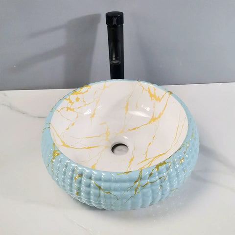 USZWBY Vessel Sinks Bathroom Vessel Sink Ceramic Vessel Sink Round Art Basin with blue and gold marble design, above counter basin.