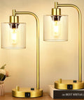 Gold Industrial Table Lamp Set With USB Port, Dope Stepless Dimmable Bedside Lamps For Nightstands, Reading, Living Room And Office, Clear Glass Shade, Includes 2 LED Bulbs; lamps on table with books