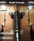 Comparison of Dusk To Dawn Outdoor LED Bulbs 5000K Daylight A19 lighting on a brick wall with range and brightness labeled