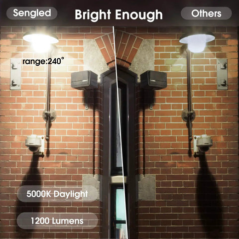 Comparison of Dusk To Dawn Outdoor LED Bulbs 5000K Daylight A19 lighting on a brick wall with range and brightness labeled