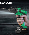 Hand holding 20V Cordless Drill Set With Battery And Charger, 3/8 Inch Keyless Chuck, LED light on, close-up view