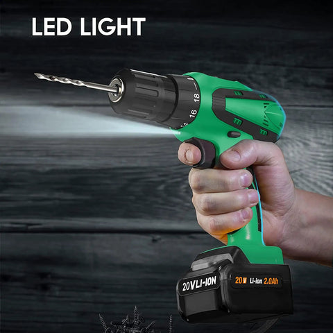 Hand holding 20V Cordless Drill Set With Battery And Charger, 3/8 Inch Keyless Chuck, LED light on, close-up view