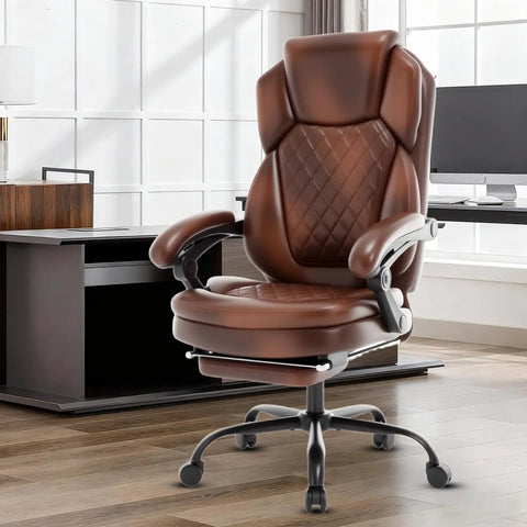 Big And Tall Heavy Duty Reclining Office Chair With Footrest 400 lb Capacity Brown Leather Executive Desk Chair