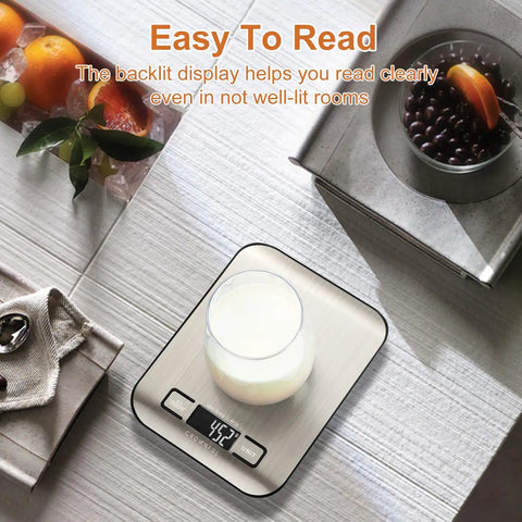 Must Have Digital Kitchen Scale with 11 lb Capacity, LCD display showing weight of glass, 304 stainless steel, easy to clean