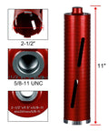 Amazon SALI red diamond core drill bit, 2-1/2 in diameter, 11 in length, 5/8-11 UNC threaded, includes two adapters