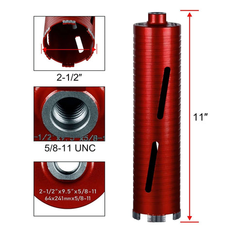 Amazon SALI red diamond core drill bit, 2-1/2 in diameter, 11 in length, 5/8-11 UNC threaded, includes two adapters