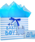 Blue Dinosaur Baby Boy Gift Bag With Tissue Paper And Greeting Card Durable Ribbon Handles And Reinforced Bottom 13 by 10 by 5 inches