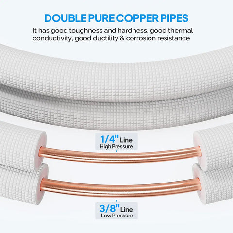 25 Ft Dope Copper Mini Split Line Set With 1 Quarter Inch And 3 Eighth Inch OD Flared Tubing, 3 Eighth Inch Thickened PE Insulated Coil