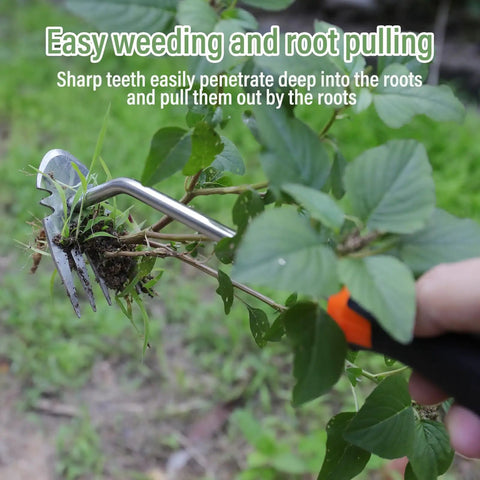 Heavy Duty Five Tooth Weeding Tool for Vegetables and Backyard Gardens, Durable All Steel Garden Weeder with Rubber Grip in use